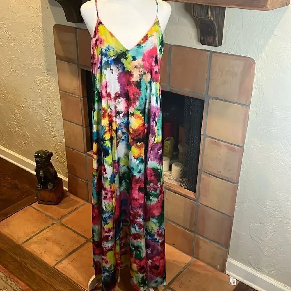 Nicole Miller Satin Watercolor Floral SlipStyle Maxi Dress, S!
